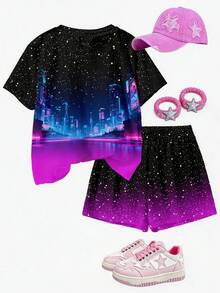 SHEIN 渐变星空紫，K-POP卡通女孩肖像，少女休闲圆领短袖T恤和短裤两件套，适合春夏日常穿着 - 彩色 - 查看 2