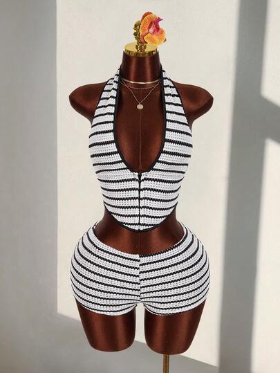 Amplova Textured Striped Halter Neck Backless Deep V-Neck Sleeveless Bodycon Shorts Two Pieces Casual Vacation Outfit