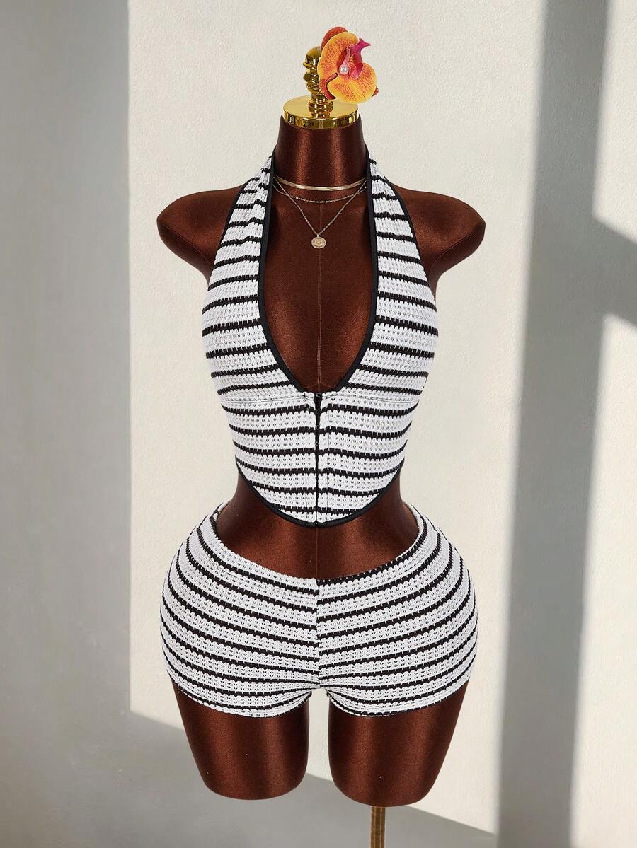 Amplova Textured Striped Halter Neck Backless Deep V-Neck Sleeveless Bodycon Shorts Two Pieces Casual Vacation Outfit - Black and White - View 1
