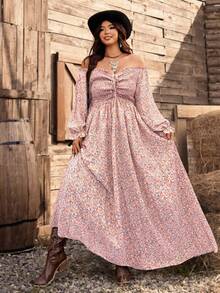 Ceyna Đầm maxi họa tiết hoa nhí tay phồng cổ chữ V thắt dây, kiểu dáng lãng mạn thanh lịch phong cách Bohemian cho kỳ nghỉ, thích hợp cho mùa xuân/hè. - Hồng - Xem 6