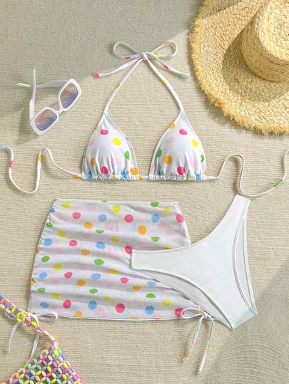 Soleia Bộ bikini hai mảnh chấm bi buộc dây cổ gợi cảm dành cho nữ mùa hè, kèm quần bơi tam giác và váy ngắn.