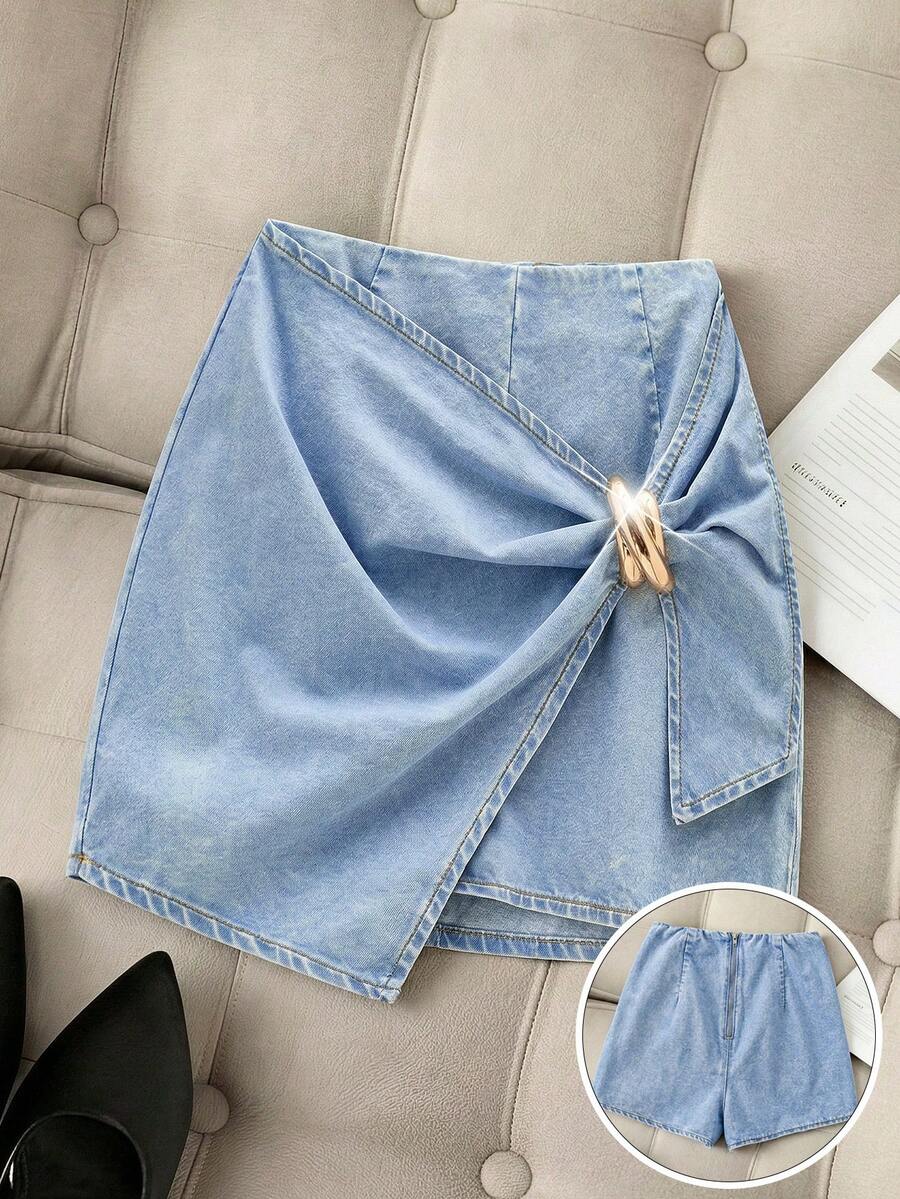 SHEIN MOD 大尺碼女款金屬裝飾休閒百搭日常牛仔裙褲