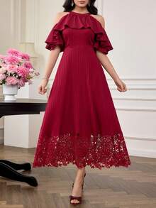 Modelyn Robe mi-longue élégante et jeune pour femmes, avec épaules dénudées, volants, broderie et patchwork, de couleur jaune - Rouge foncé - Voir 4