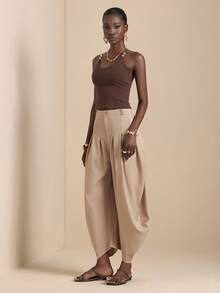 Vesra Khaki Pleated Floral Casual Women's Cropped Pants - Khaki - View 3