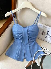 Elenzga Áo tank top nữ mùa xuân mới, phong cách thường ngày, thời trang cổ điển Mỹ, chất liệu vải lanh màu xanh nhạt, thiết kế xếp ly, xẻ tà, thắt eo, dáng chữ A, thích hợp mặc hàng ngày hoặc đi nghỉ mát. Đa năng, độc đáo và đẹp mắt. - Màu xanh bụi bặm - Xem 6
