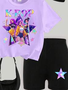 春夏少女休闲时尚创意个性清新可爱简约酷炫虚拟女团角色闪亮紫色星星图案字母标语印花休闲基础款短袖T恤和骑行短裤套装，舒适百搭，适合春、夏、秋季穿着。 - 彩色 - 查看 6