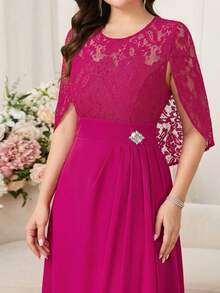Ellevyn Women's Elegant Long Contrast Lace Dress With Cape Design - Hot Pink - View 4