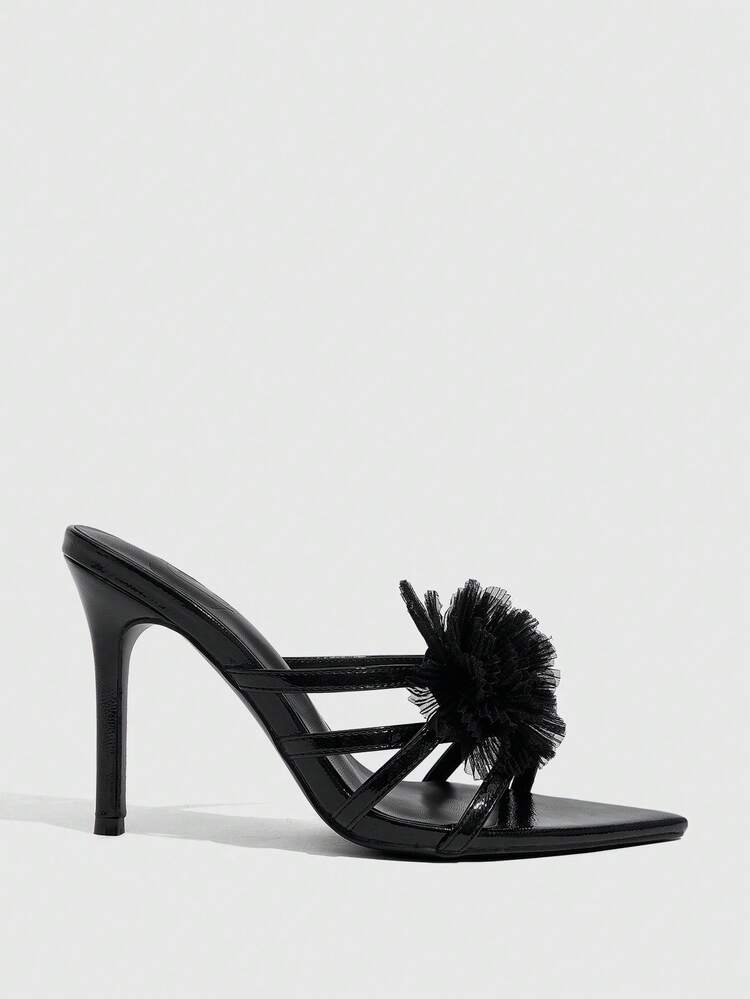 CUCCOO SZL Women Shoes Black Mirror PU Color Matching Flower Sweet Sexy Street Fashion Stiletto Pointed Sandals