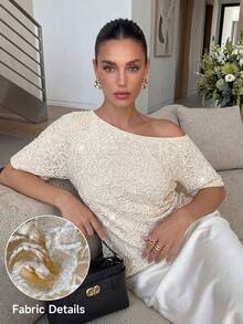 Lavishia 女士奢华亮片刺绣不对称肩部上衣，优雅适合度假、外出、派对、婚礼季、春夏穿着 - 杏色 - 查看 1