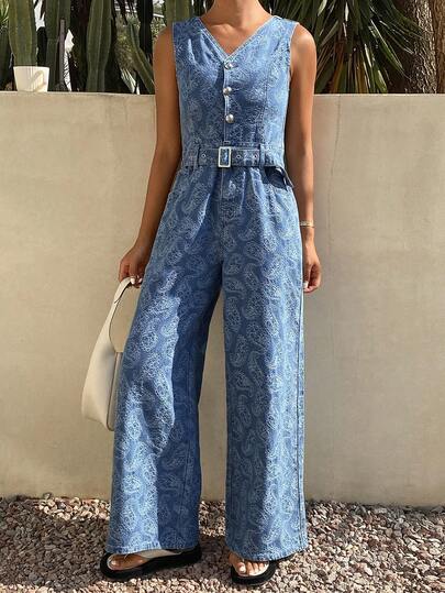 Livesso Bộ jumpsuit denim không tay cổ chữ V in họa tiết Paisley thắt eo dành cho nữ