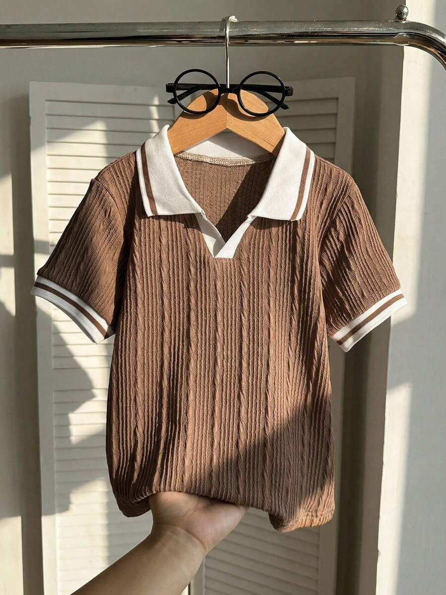 Young Boy Colorblock Striped Print Casual Short Sleeve Polo Shirt Polo Shirts For Boys Kids Polo Shirt Brown Polo Shirt School Uniform For Kids - Coffee Brown - View 1