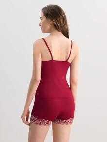 Hourtrue Floral Embroidery Cami Top & Shorts PJ Set / Pajama Set - Burgundy - View 2
