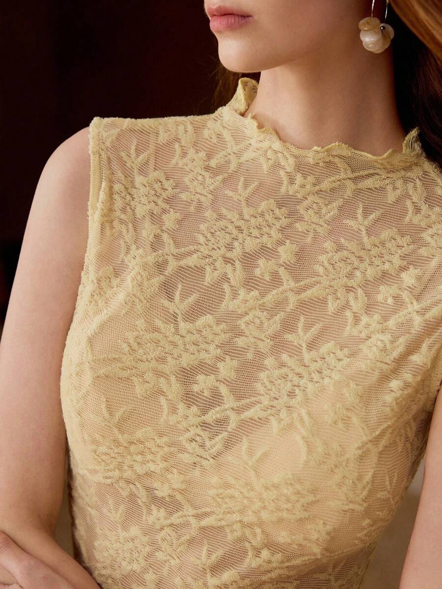 MOTF PREMIUM SLEEVELESS LACE STAND COLLAR SEXY TIGHT FITTED TOP FOR WOMEN IN SUMMER - Yellow - View 2