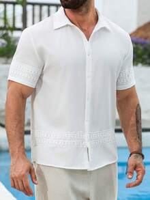 VENTUSAIL Men's Lace Trim Short Sleeve Single-Breasted Vacation Shirt - White - View 3