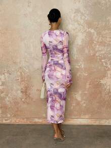 SHEIN BAE Women's Elegant Marble Print Draped Long Sleeve Fitted Dress, Autumn,Pastel Dresses For Women - Mauve Purple - View 2