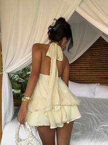 Aloruh Women's Cream Elegant Halter Neck Soft Crepe Tie Mini Dress,Summer Boho Beach Vacation Holiday Resort Wear,Backless Fitted Sundress,Cruise Outfit - Light Yellow - View 9