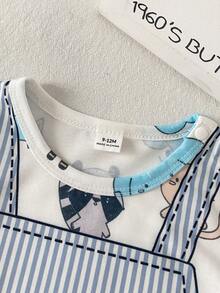 SHEIN Playful Pals Áo liền quần tay ngắn cổ tròn in họa tiết sọc và hoạt hình cho bé trai - Màu xanh lam - Xem 4
