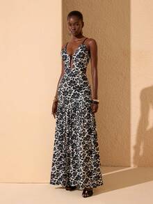 JIAN LASALA Đầm nghỉ mát nữ phong cách Boho in họa tiết toàn thân, cổ chữ V sâu, dây buộc phía sau, có thể điều chỉnh kích thước. - Nhiều màu - Xem 4