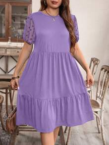 EMERY ROSE Plus Size Women Summer Casual Vacation Solid Color Patchwork Petal Sleeve Cinched Waist Midi Dress - Purple - View 3