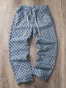 Manfinity Joysei Pantalones de mezclilla con estampado de cuadros y flecos, con cordón para hombre - Azul - Ver 1