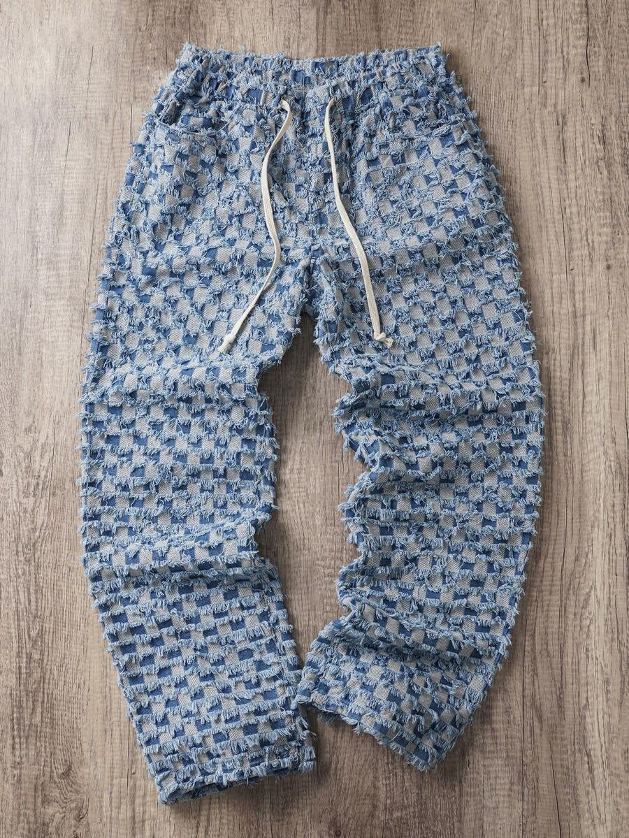 Manfinity Joysei Pantalones de mezclilla con estampado de cuadros y flecos, con cordón para hombre - Azul - Ver 1