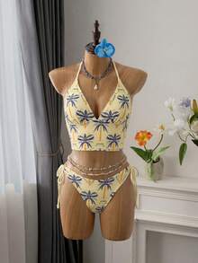 Bellisia Bộ đồ bơi 2 mảnh mới dành cho nữ, chất liệu thân thiện với da, áo hai dây in họa tiết ngẫu nhiên và quần buộc dây bên hông, bộ đồ bơi đi biển, thích hợp cho mùa xuân/hè. - Màu vàng - Xem 1