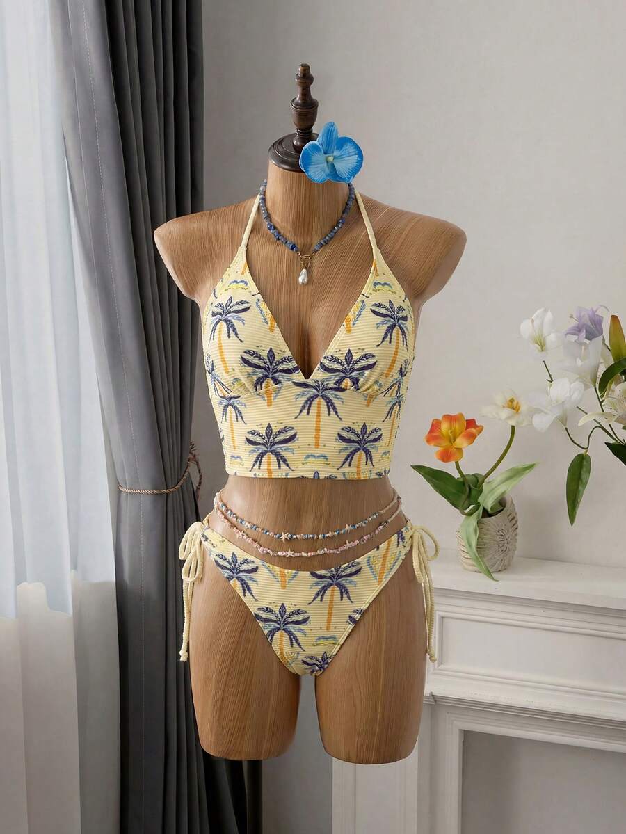 Bellisia Bộ đồ bơi 2 mảnh mới dành cho nữ, chất liệu thân thiện với da, áo hai dây in họa tiết ngẫu nhiên và quần buộc dây bên hông, bộ đồ bơi đi biển, thích hợp cho mùa xuân/hè. - Màu vàng - Xem 1