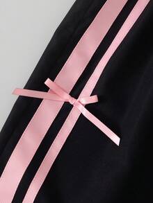 SHEIN Sparklyn 2件套少女白色短袖露脐上衣T恤和阔腿裤套装，配蝴蝶结腰带，粉色，适合春夏穿着，柔软舒适，休闲/运动风 - 彩色 - 查看 8