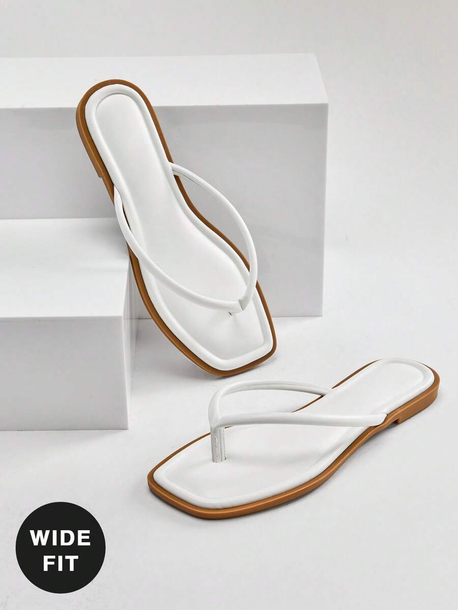 SHUZIA Dép xỏ ngón nữ dáng rộng #SummerEssential, mũi vuông, viền cuộn, đế lót êm ái, màu trắng cao cấp – Đơn giản & Thoải mái - trắng - Xem 1