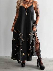 SHEIN Whyspr Plus Size V-Neck A-Line Floral Print Dress, Dark Aesthetic Gym Brown Summer - Black - View 4