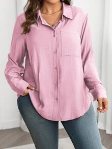 Vionelle Plus Size Solid Color Front Button Pocket Casual Long Sleeve Shirt - Baby Pink - View 3