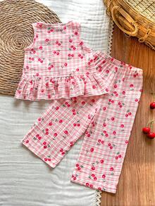 Vintaside Kids 女婴简约柠檬印花雪纺荷叶边吊带背心+印花长裤两件套，适合日常穿着、外出和度假，春夏款 - 白色 - 查看 2