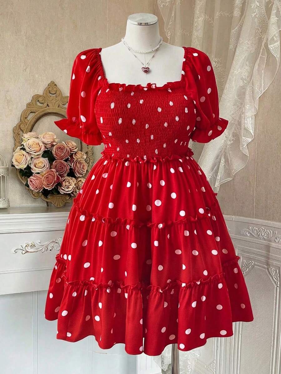Sweetra Đầm nữ cỡ lớn cổ đính kim cương, xếp ly, họa tiết chấm bi, tay ngắn, kiểu chắp vá, mùa hè. - Đỏ - Xem 1