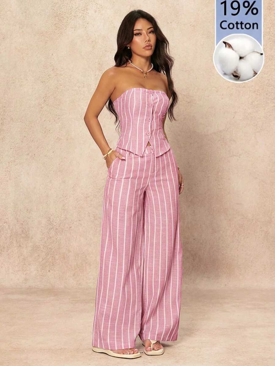 SHEIN PETITE 女士条纹印花抹胸上衣和斜插口袋长裤休闲两件套 - 粉色 - 查看 1