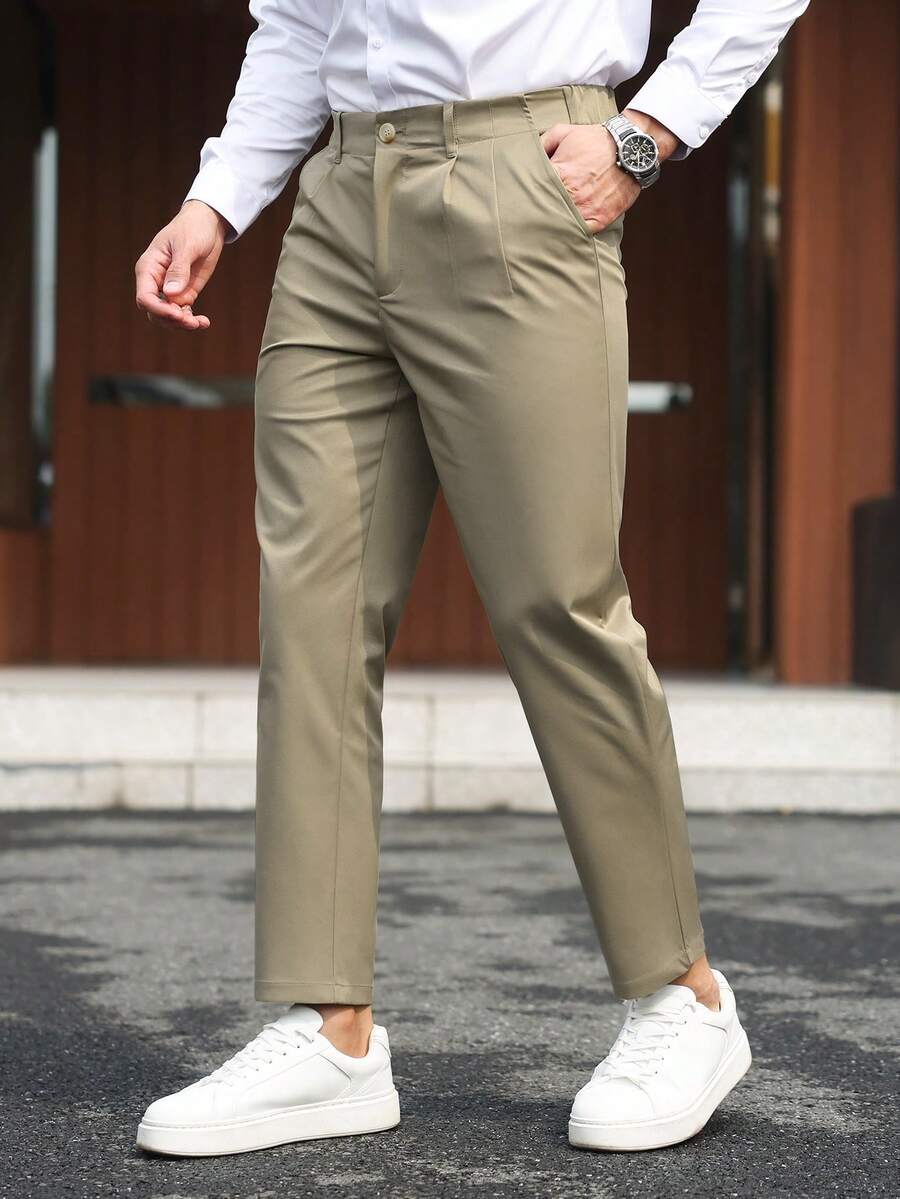 Manfinity Mode Pantaloni casual da uomo di colore unito con tasche, formali - Cachi - Visualizzare 1