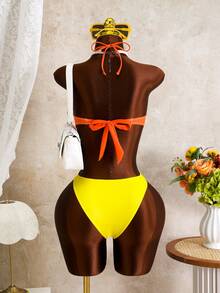 Zestiva Traje de baño de una pieza con escote halter y espalda descubierta, con estampado digital degradado y falda de malla degradada, adecuado para vacaciones en la playa en primavera, verano y otoño - Rojo - Ver 5