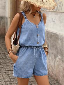 SHEIN MOD Women's Vacation Waist Tie Button Design Denim Romper - Light Wash - View 3