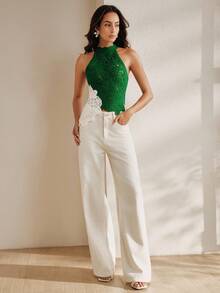 Anewsta Women's Hollow Out Cropped Halter Neck Color Block Asymmetrical Hem Sleeveless Top, Suitable For Summer Vacation - Green - View 6