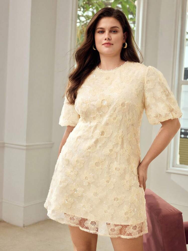 PLUS SIZE ELEGANT MINIMALIST DRESS WITH FAUX PEARL CHAIN, JACQUARD TEXTURE FABRIC