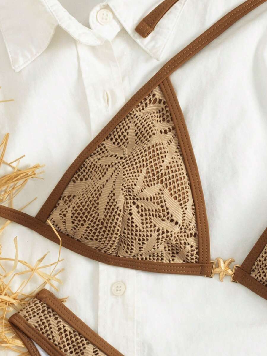 Swim Vcay 2pcs/Set New Solid Color Textured Fabric Halter Sexy Elegant Vacation Bikini Swimwear Set, Suitable For Beach, Pool Party - Brown - View 1