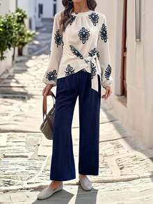 SHEIN LUNE 2pcs Women Casual Round Neck Tie Dye Print Long Sleeve Shirt And Wide Leg Pants Set - Royal Blue - View 3
