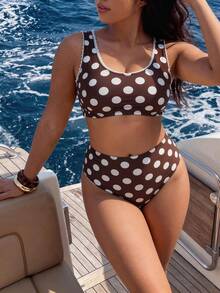 Auralis Bộ đồ bơi tankini chấm bi cỡ lớn dành cho nữ, trang phục mùa hè cho nữ, đồ đi biển cho nữ, đồ bơi chấm bi màu nâu cỡ lớn dành cho nữ Maiôs Maiôs - màu nâu - Xem 4
