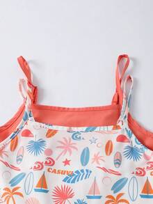 SHEIN Conjunto de 2 peças de vestido de alça casual de praia de verão para meninas pré-adolescentes, em cor sólida e estampa tropical all-over - Multicolorido - Visão 5