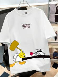 LOONEY TUNES X SHEIN Manfinity Joysei Men's Cartoon Print Round Neck Short Sleeve Casual T-Shirt - White - View 1