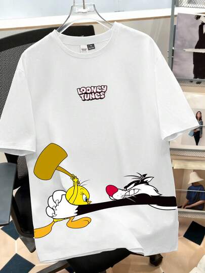 LOONEY TUNES X SHEIN Manfinity Joysei Men's Cartoon Print Round Neck Short Sleeve Casual T-Shirt