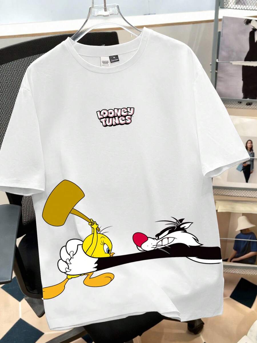 LOONEY TUNES X SHEIN Manfinity Joysei Men's Cartoon Print Round Neck Short Sleeve Casual T-Shirt - White - View 1