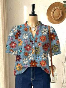 Rusticease Plus Size Women V-Neck Floral Print Casual Versatile Daily Wear Shirt Gym Brown Summer - Multicolor - View 3