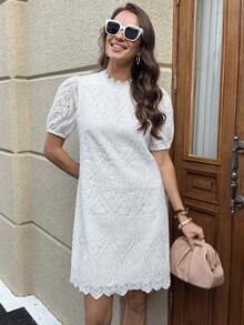 Solivie 女士优雅纯色刺绣迷你连衣裙，夏季 - 白色 - 查看 7