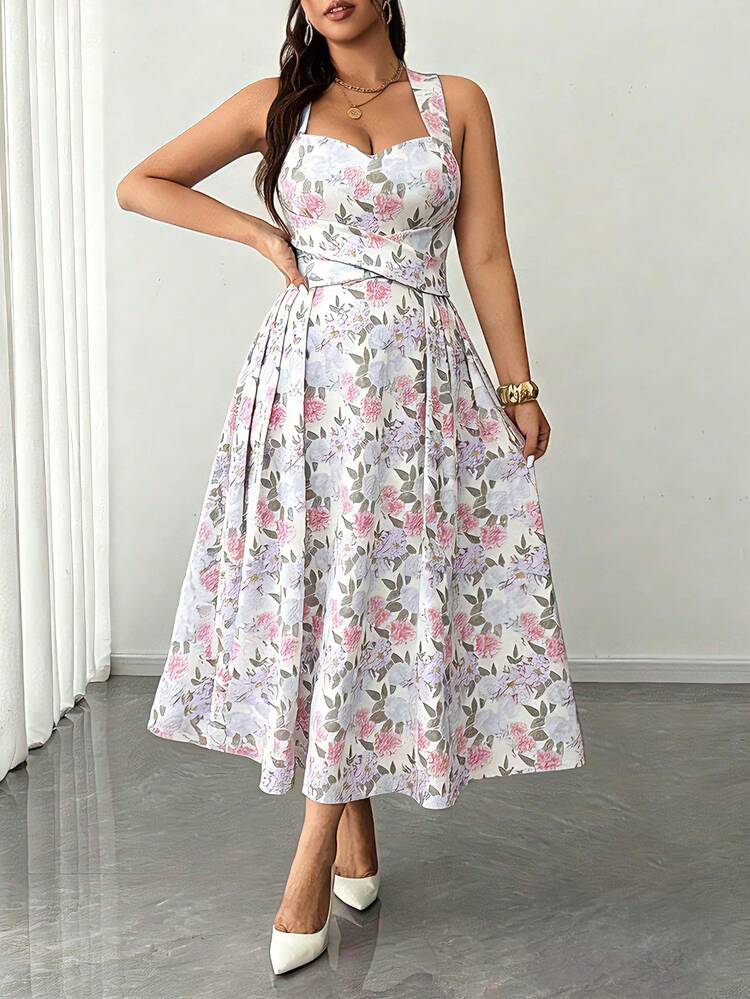 SHEIN Elenzya Plus Size Women's Elegant Floral High-Stretch Fabric Spaghetti Strap Wrap Tie Waist Bow Ruched Maxi Dress, Versatile Design For Party, Music Festival, Casual, Vacation, Date Night, Valentine's Day - Multicolor - View 4