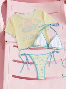 SHEIN X Care Bears Bộ bikini tam giác buộc dây cổ phối màu tương phản dành cho nữ, thích hợp cho mùa hè. - Màu vàng - Xem 3